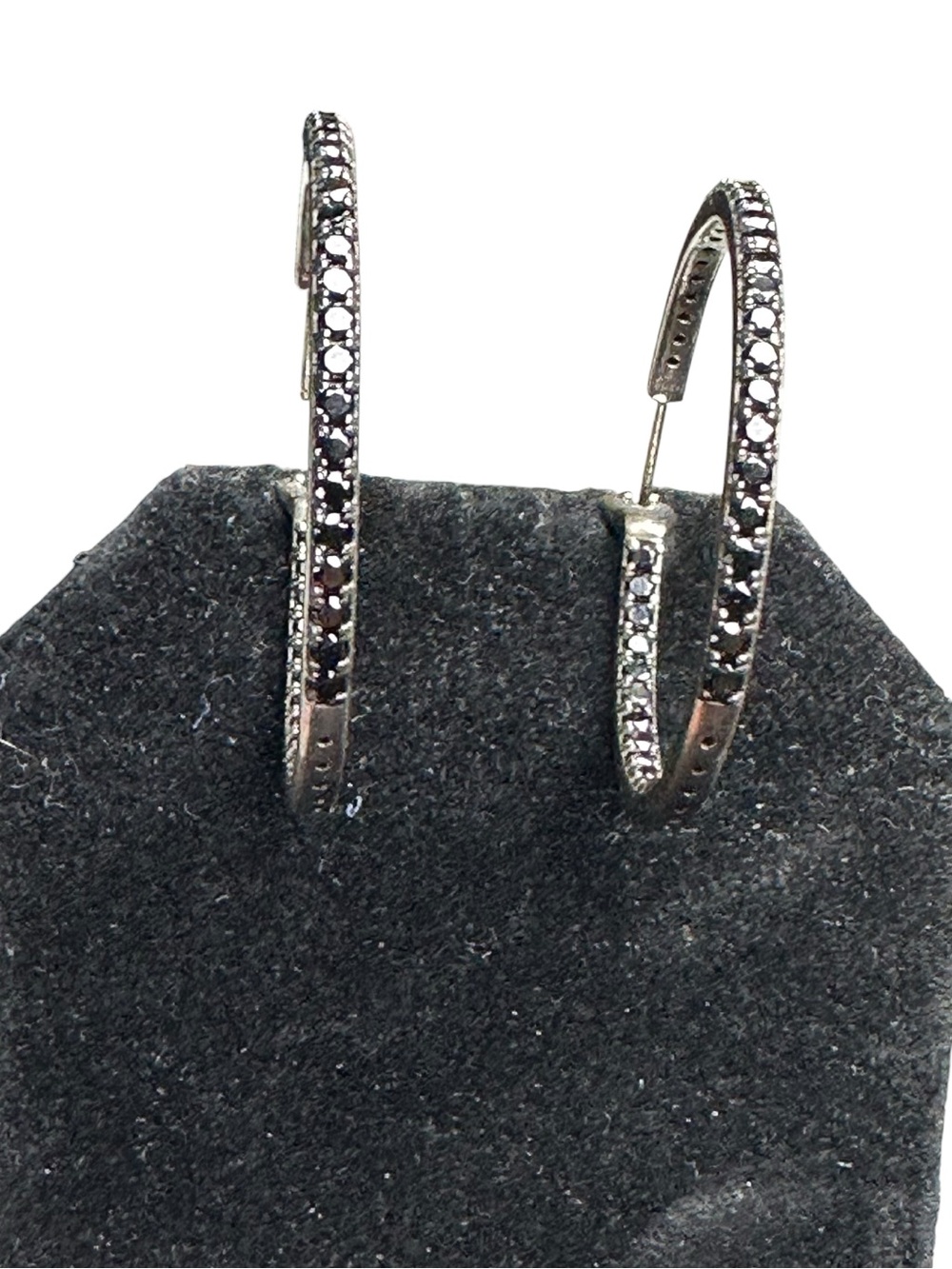 Vtg Signed FC 925 Sterling 2" Inside Out Black Spinel Hoop Earring Pierced Hinge